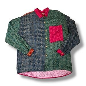 Tienda Ho Patchwork Shirt Womens XL Button up Boho Color block Over sized